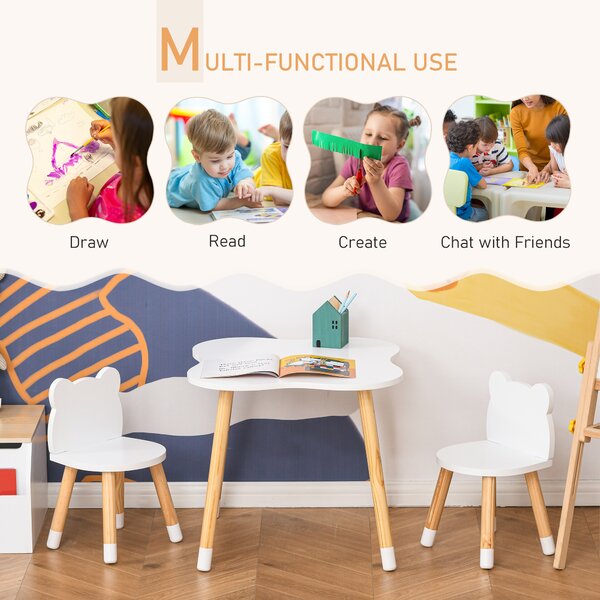 HOMCOM 3 Piece Kids Table and Chair Set with 2 Bear-shaped Chairs, White Aosom UK