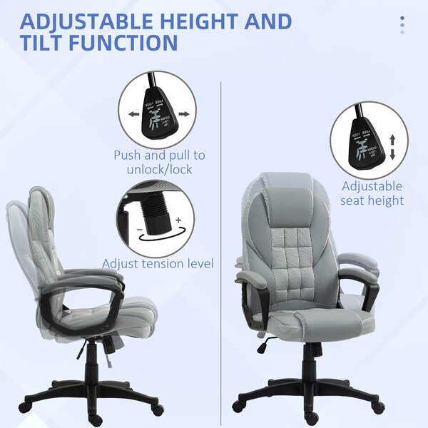 HOMCOM Faux Leather Desk Chair with Adjustable Height and Tilt Function, Swivel Executive Chair with High Back and Armrests for Home & Office, Grey Aosom UK