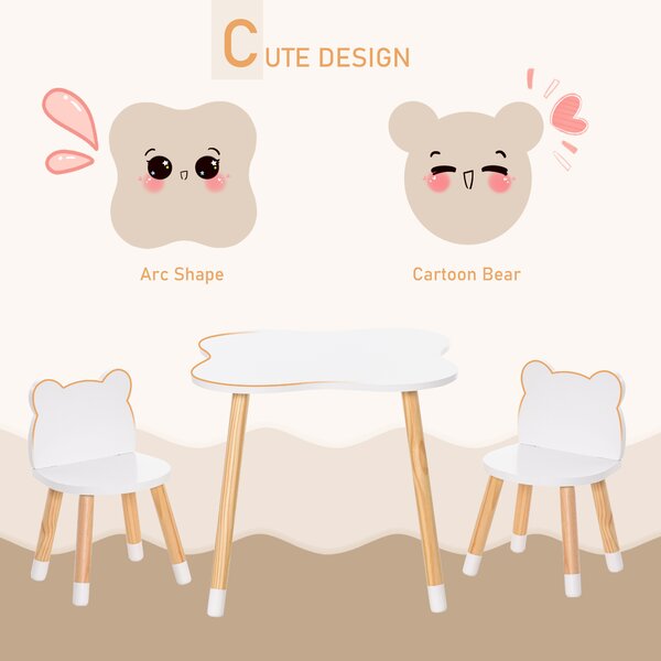 HOMCOM 3 Piece Kids Table and Chair Set with 2 Bear-shaped Chairs, White Aosom UK