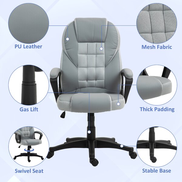 HOMCOM Faux Leather Desk Chair with Adjustable Height and Tilt Function, Swivel Executive Chair with High Back and Armrests for Home & Office, Grey Aosom UK