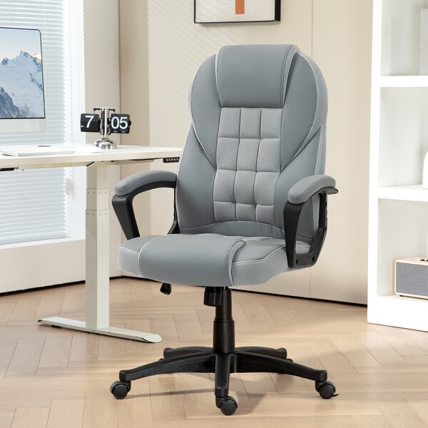 HOMCOM Faux Leather Desk Chair with Adjustable Height and Tilt Function, Swivel Executive Chair with High Back and Armrests for Home & Office, Grey Aosom UK