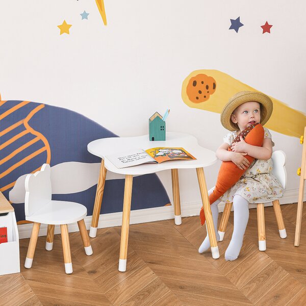 HOMCOM 3 Piece Kids Table and Chair Set with 2 Bear-shaped Chairs, White Aosom UK