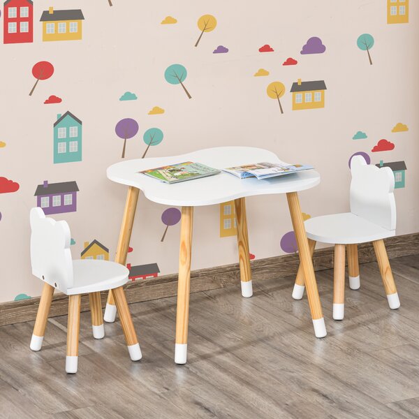HOMCOM 3 Piece Kids Table and Chair Set with 2 Bear-shaped Chairs, White Aosom UK