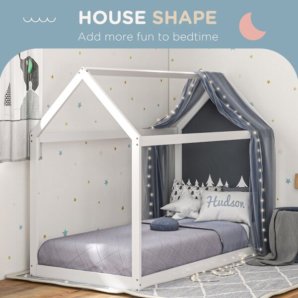 HOMCOM Single Bed Base with House Scandinavian Style, Wooden Bed Frame for 90W x 190Dcm Mattress, White Aosom UK