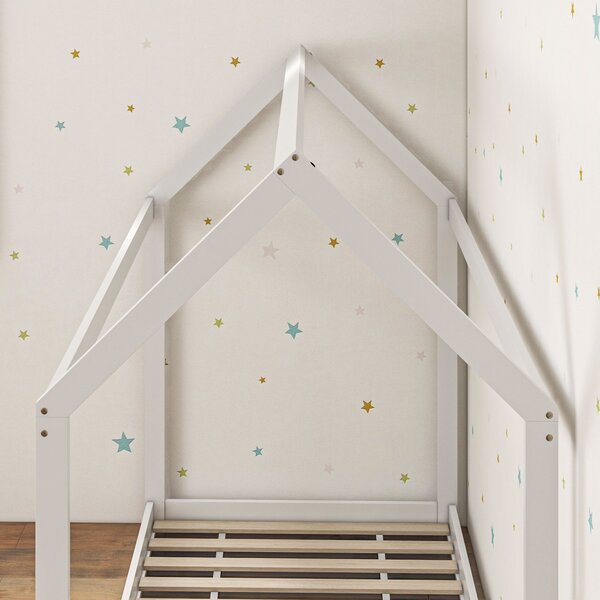 HOMCOM Single Bed Base with House Scandinavian Style, Wooden Bed Frame for 90W x 190Dcm Mattress, White Aosom UK
