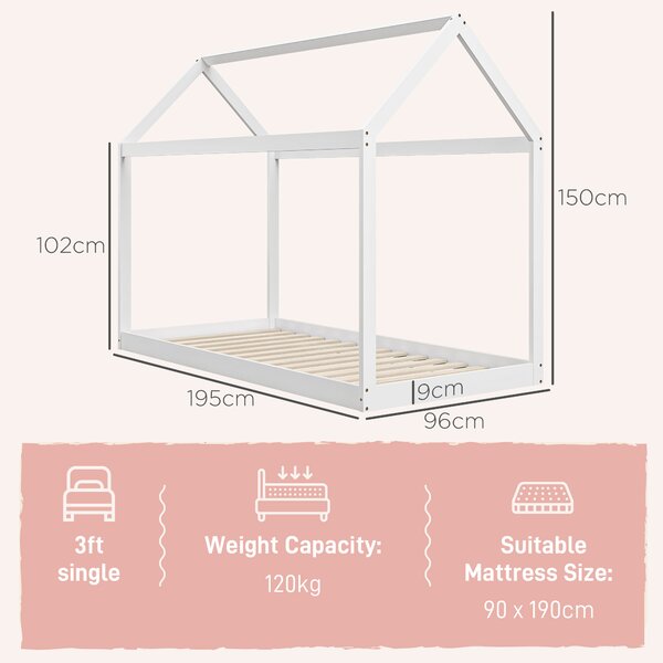 HOMCOM Single Bed Base with House Scandinavian Style, Wooden Bed Frame for 90W x 190Dcm Mattress, White Aosom UK