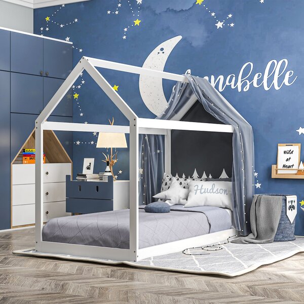 HOMCOM Single Bed Base with House Scandinavian Style, Wooden Bed Frame for 90W x 190Dcm Mattress, White Aosom UK
