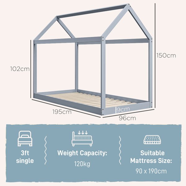 HOMCOM Single Bed Base with House Scandinavian Style, Wooden Bed Frame for 90W x 190Dcm Mattress, Grey Aosom UK
