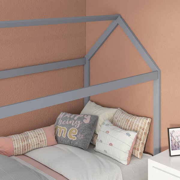 HOMCOM Single Bed Base with House Scandinavian Style, Wooden Bed Frame for 90W x 190Dcm Mattress, Grey Aosom UK