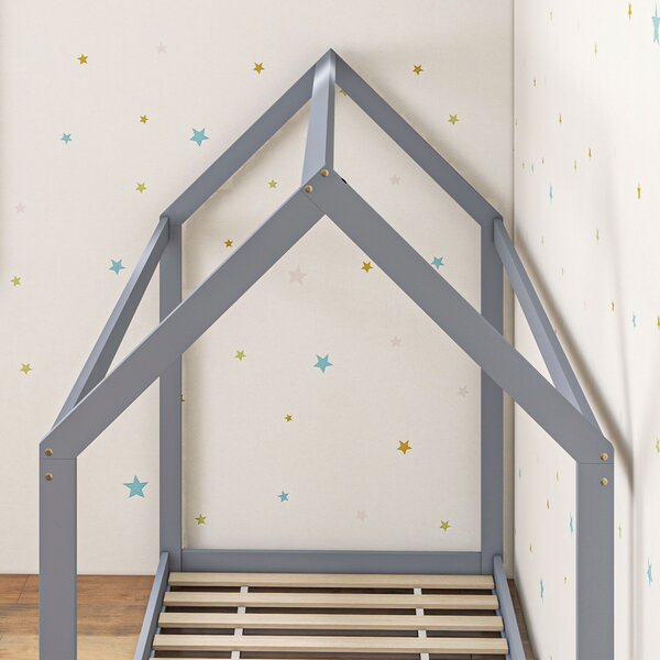 HOMCOM Single Bed Base with House Scandinavian Style, Wooden Bed Frame for 90W x 190Dcm Mattress, Grey Aosom UK
