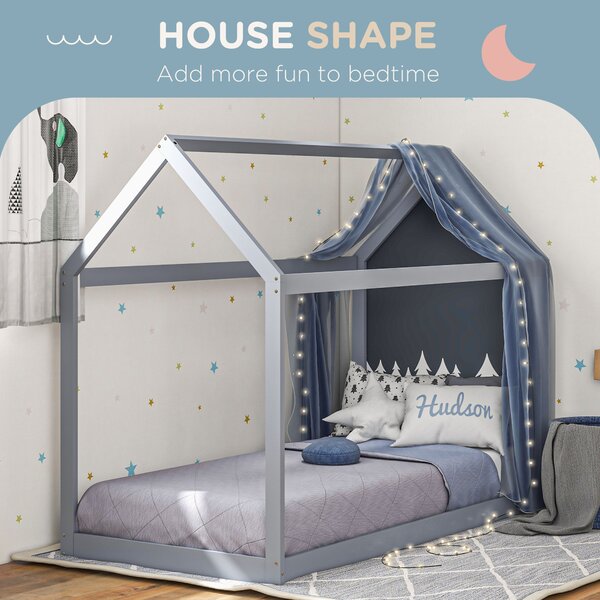 HOMCOM Single Bed Base with House Scandinavian Style, Wooden Bed Frame for 90W x 190Dcm Mattress, Grey Aosom UK