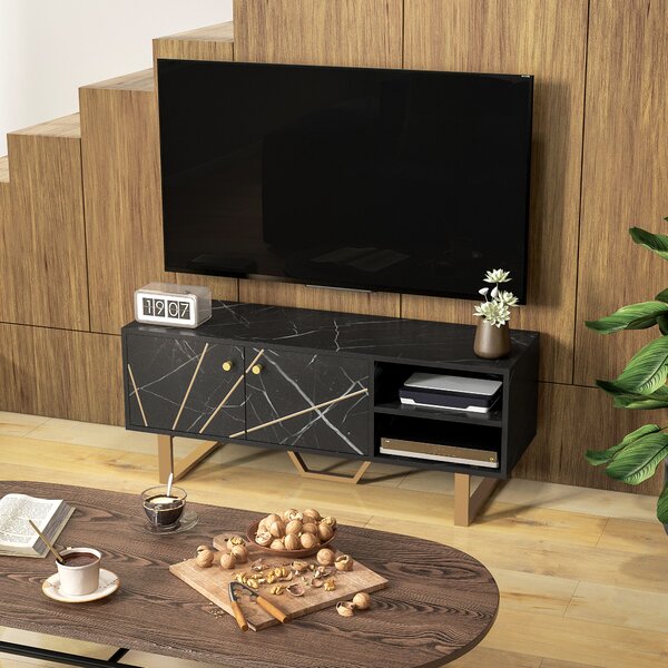 HOMCOM TV Cabinet with Storaget with Storage Shelves and Cupboard for Living Room, TV Unit for TVs up to 50 Inches, Black Marble Tone Aosom UK