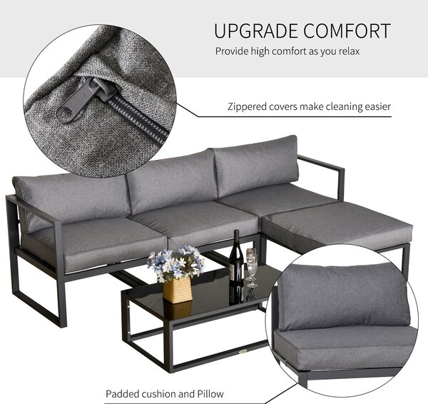 Outsunny 5 Pieces Outdoor Patio Furniture Set, Sofa Couch with Glass Coffee Table, Cushioned Chairs and Metal Frame, for Balcony Garden Backyard, Grey