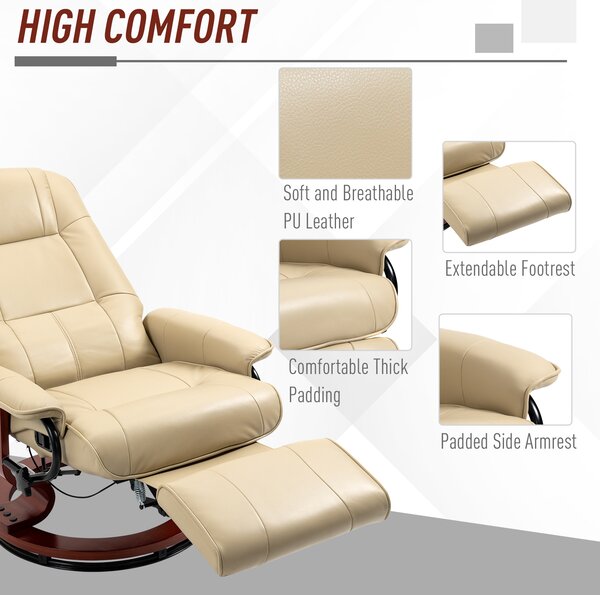 HOMCOM Swivel Recliner, Faux Leather Reclining Chair, Upholstered Armchair with Wooden Base for Living Room, Bedroom, Cream
