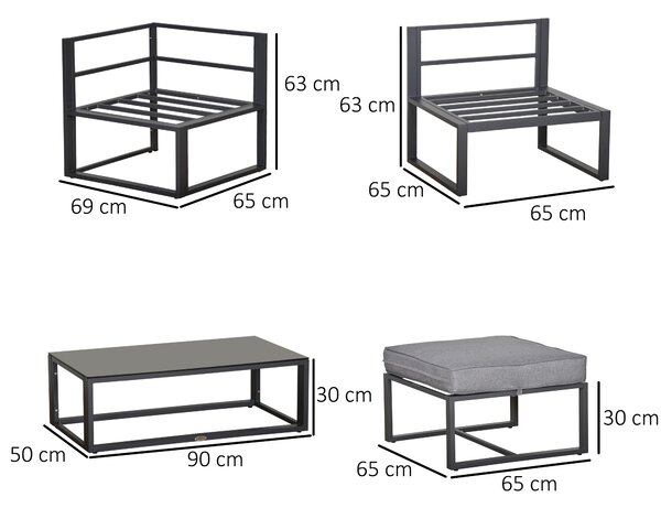 Outsunny 5 Pieces Outdoor Patio Furniture Set, Sofa Couch with Glass Coffee Table, Cushioned Chairs and Metal Frame, for Balcony Garden Backyard, Grey