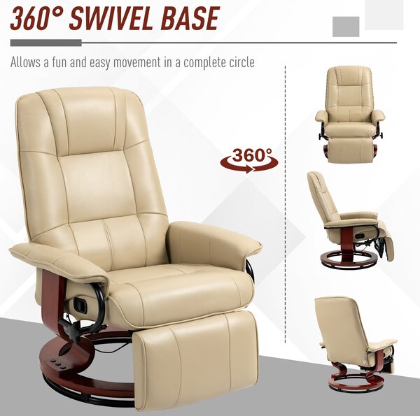 HOMCOM Swivel Recliner, Faux Leather Reclining Chair, Upholstered Armchair with Wooden Base for Living Room, Bedroom, Cream