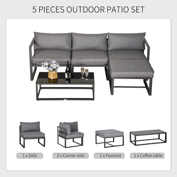 Outsunny 5 Pieces Outdoor Patio Furniture Set, Sofa Couch with Glass Coffee Table, Cushioned Chairs and Metal Frame, for Balcony Garden Backyard, Grey