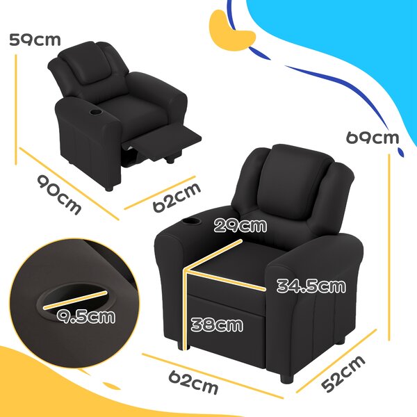 HOMCOM Kids Armchair, Kids Recliner Chair, PU Leather Kids Chair with Adjustable Backrest & Footrest, Padded Headrest, Black Aosom UK
