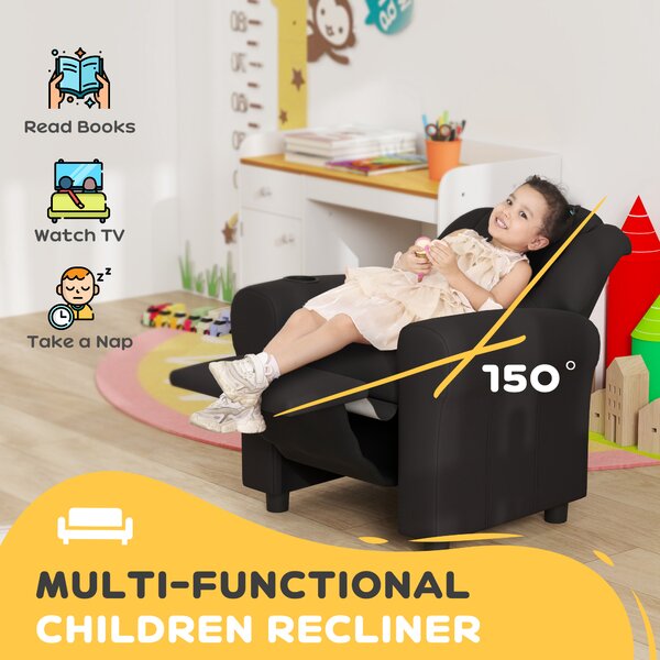 HOMCOM Kids Armchair, Kids Recliner Chair, PU Leather Kids Chair with Adjustable Backrest & Footrest, Padded Headrest, Black Aosom UK