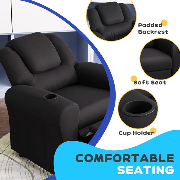 HOMCOM Kids Armchair, Kids Recliner Chair, PU Leather Kids Chair with Adjustable Backrest & Footrest, Padded Headrest, Black Aosom UK