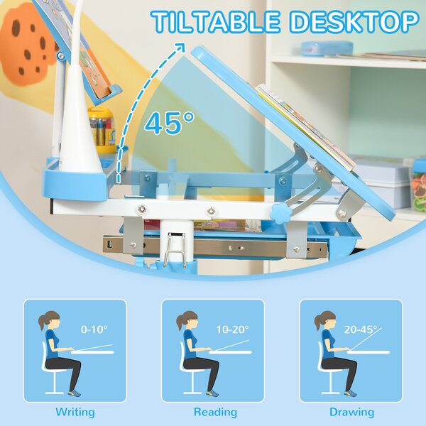 HOMCOM Kids Study Desk and Chair Set w/ Adjustable Height, Storage Drawer - Blue Aosom UK