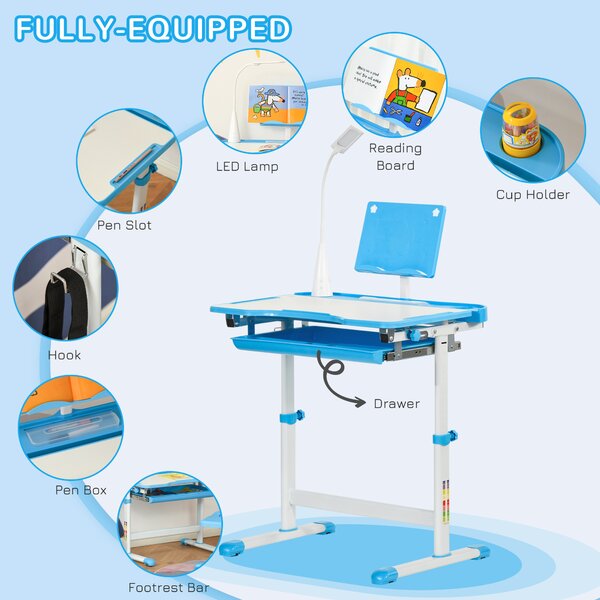 HOMCOM Kids Study Desk and Chair Set w/ Adjustable Height, Storage Drawer - Blue Aosom UK