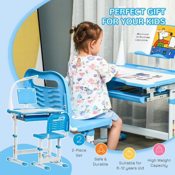 HOMCOM Kids Study Desk and Chair Set w/ Adjustable Height, Storage Drawer - Blue Aosom UK