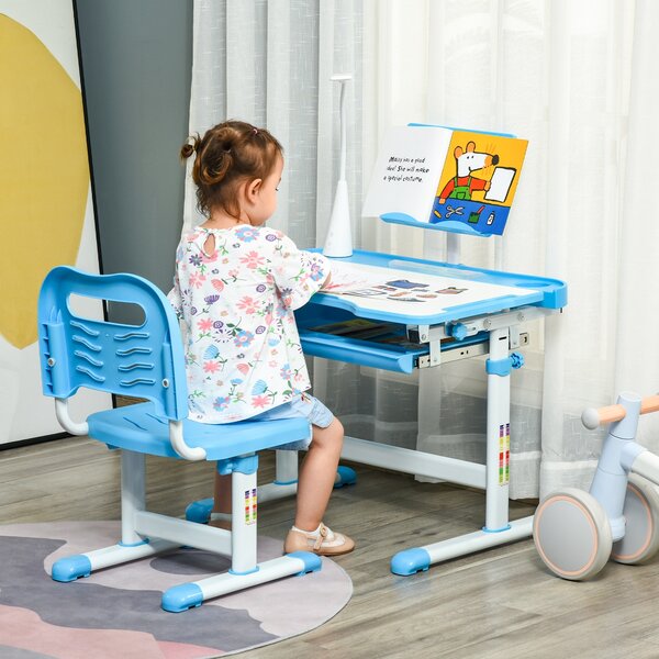 HOMCOM Kids Study Desk and Chair Set w/ Adjustable Height, Storage Drawer - Blue Aosom UK