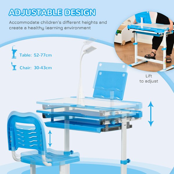 HOMCOM Kids Study Desk and Chair Set w/ Adjustable Height, Storage Drawer - Blue Aosom UK