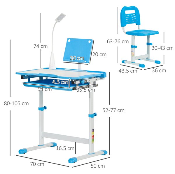 HOMCOM Kids Study Desk and Chair Set w/ Adjustable Height, Storage Drawer - Blue Aosom UK