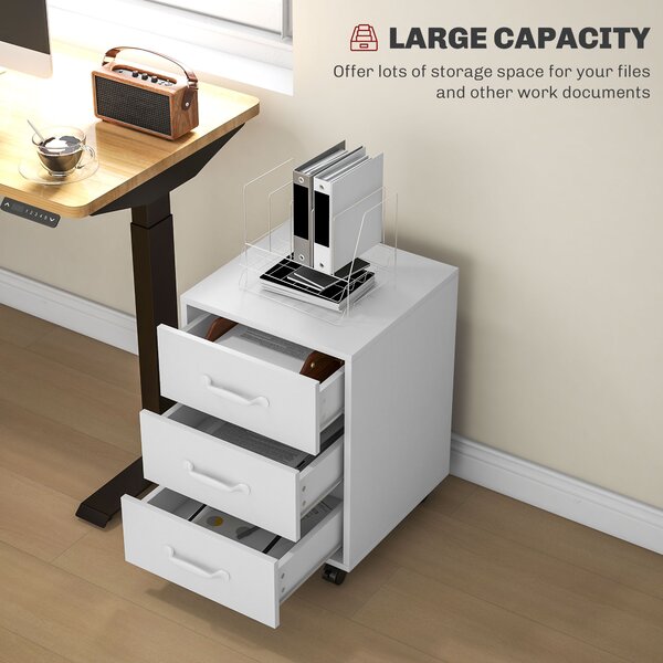 HOMCOM 3 Drawer File Cabinet, Mobile Filing Cabinet on Wheels for Home Office, Study, White Aosom UK