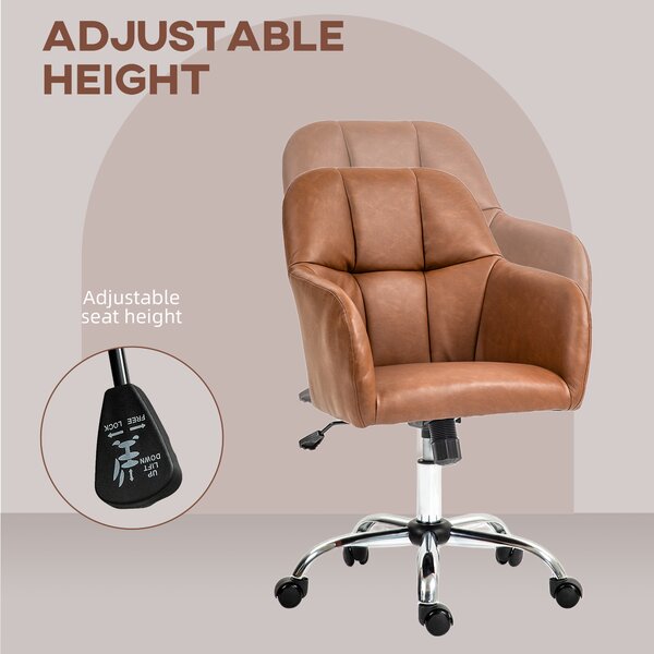 HOMCOM Leather Swivel Chair with Thick Padded Seat, PU Leather Office Chair, Makeup Vanity Chair with Height Adjustable, Wheels, Brown Aosom UK