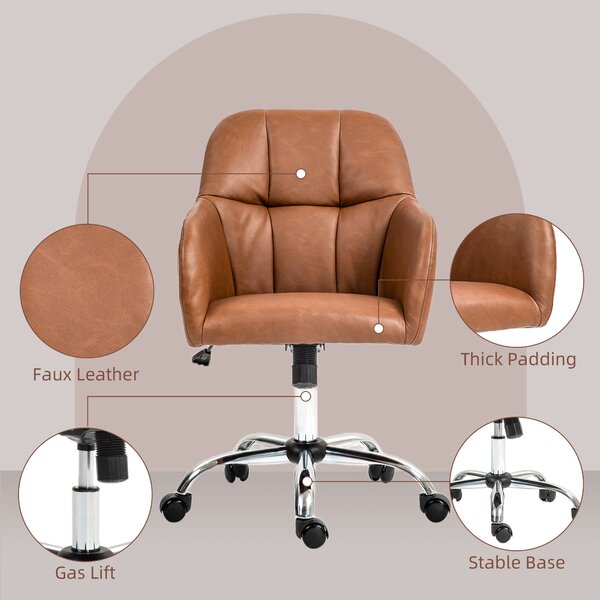 HOMCOM Leather Swivel Chair with Thick Padded Seat, PU Leather Office Chair, Makeup Vanity Chair with Height Adjustable, Wheels, Brown Aosom UK