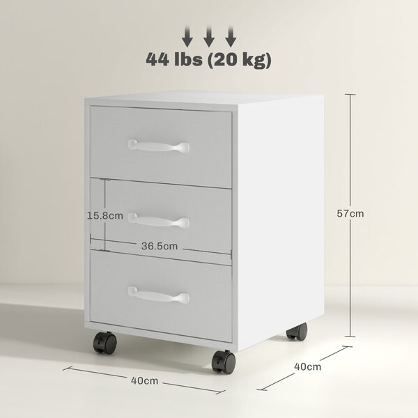HOMCOM 3 Drawer File Cabinet, Mobile Filing Cabinet on Wheels for Home Office, Study, White Aosom UK