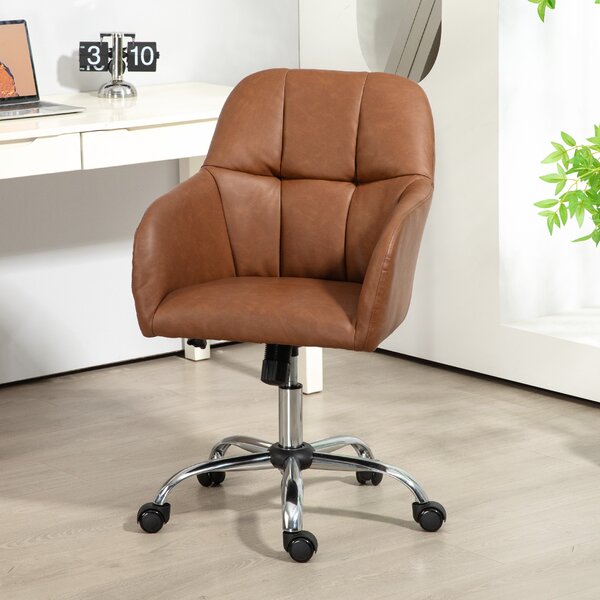 HOMCOM Leather Swivel Chair with Thick Padded Seat, PU Leather Office Chair, Makeup Vanity Chair with Height Adjustable, Wheels, Brown Aosom UK