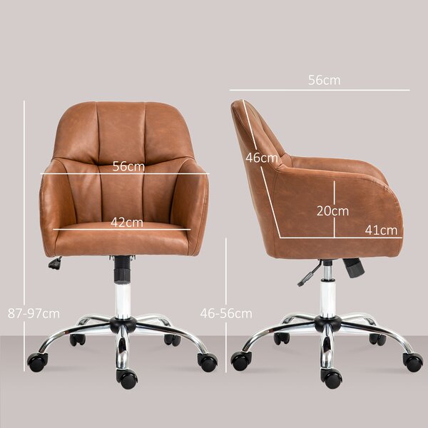 HOMCOM Leather Swivel Chair with Thick Padded Seat, PU Leather Office Chair, Makeup Vanity Chair with Height Adjustable, Wheels, Brown Aosom UK