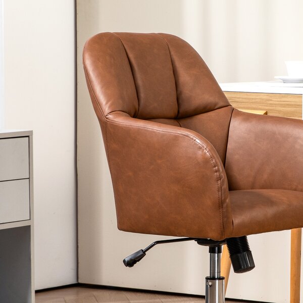 HOMCOM Leather Swivel Chair with Thick Padded Seat, PU Leather Office Chair, Makeup Vanity Chair with Height Adjustable, Wheels, Brown Aosom UK