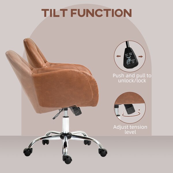 HOMCOM Leather Swivel Chair with Thick Padded Seat, PU Leather Office Chair, Makeup Vanity Chair with Height Adjustable, Wheels, Brown Aosom UK