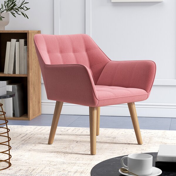 HOMCOM Accent Chair, Arm Chair with Wide Arms, Slanted Back, Thick Padding and Rubber Wooden Legs for Living Room, Pink Aosom UK