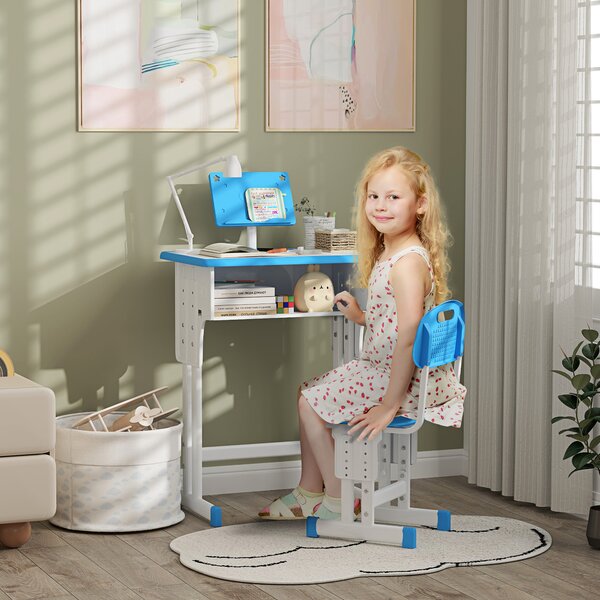 HOMCOM Kids Adjustable Desk and Chair Set, Book Stand, Pen Slot - Blue Aosom UK