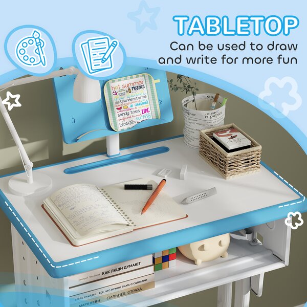 HOMCOM Kids Adjustable Desk and Chair Set, Book Stand, Pen Slot - Blue Aosom UK