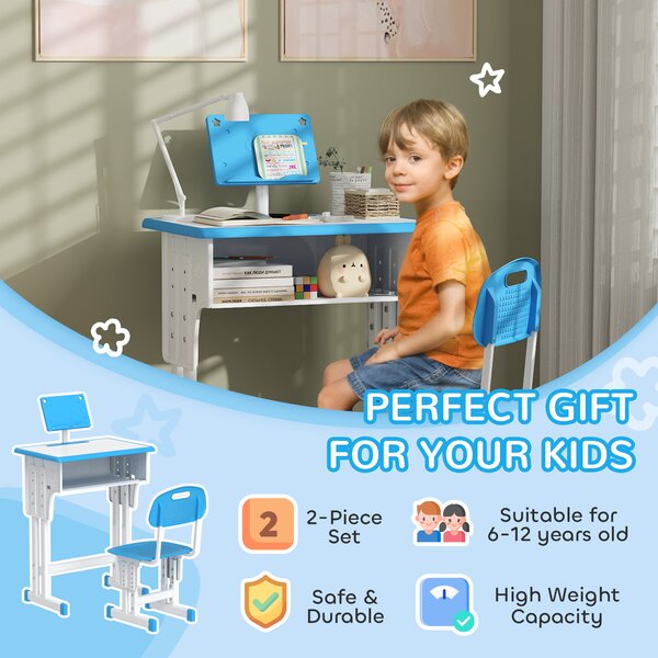 HOMCOM Kids Adjustable Desk and Chair Set, Book Stand, Pen Slot - Blue Aosom UK