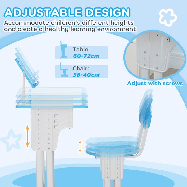 HOMCOM Kids Adjustable Desk and Chair Set, Book Stand, Pen Slot - Blue Aosom UK