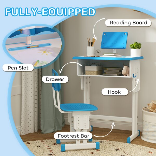 HOMCOM Kids Adjustable Desk and Chair Set, Book Stand, Pen Slot - Blue Aosom UK