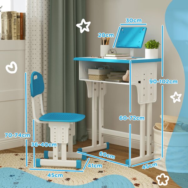 HOMCOM Kids Adjustable Desk and Chair Set, Book Stand, Pen Slot - Blue Aosom UK
