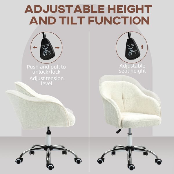 HOMCOM Swivel Armchair withTall Back, Teddy Fleece Office Chair, Makeup Vanity Chair with Height Adjustable, Wheels, Cream White Aosom UK