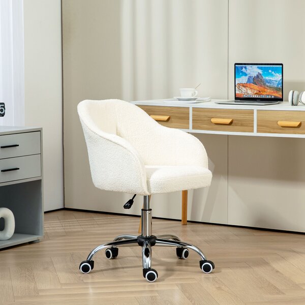 HOMCOM Swivel Armchair withTall Back, Teddy Fleece Office Chair, Makeup Vanity Chair with Height Adjustable, Wheels, Cream White Aosom UK