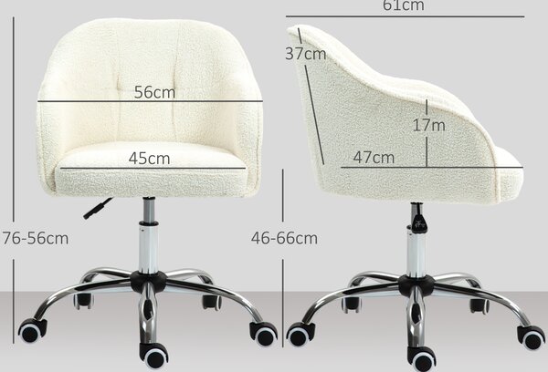 HOMCOM Swivel Armchair withTall Back, Teddy Fleece Office Chair, Makeup Vanity Chair with Height Adjustable, Wheels, Cream White Aosom UK