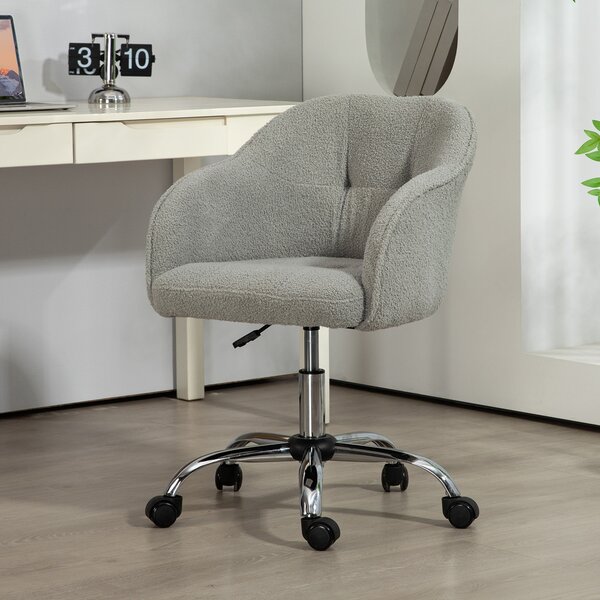 HOMCOM Swivel Armchair withTall Back, Teddy Fleece Office Chair, Makeup Vanity Chair with Height Adjustable, Wheels, for Home Study, Grey Aosom UK