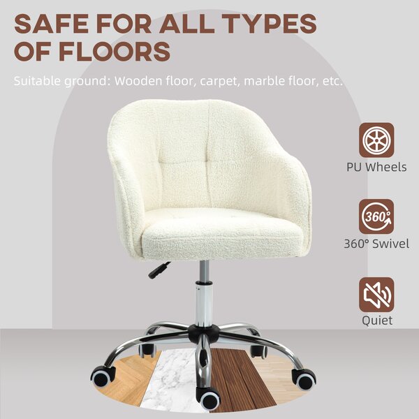 HOMCOM Swivel Armchair withTall Back, Teddy Fleece Office Chair, Makeup Vanity Chair with Height Adjustable, Wheels, Cream White Aosom UK